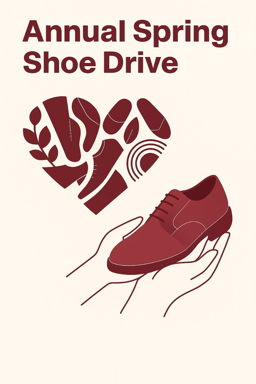 Illustration of a heart made of shoes and hands holding a shoe for Pinnup's Annual Spring Shoe Drive